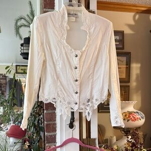 Panhandle Slim White Lace-Trim Button Down Blouse